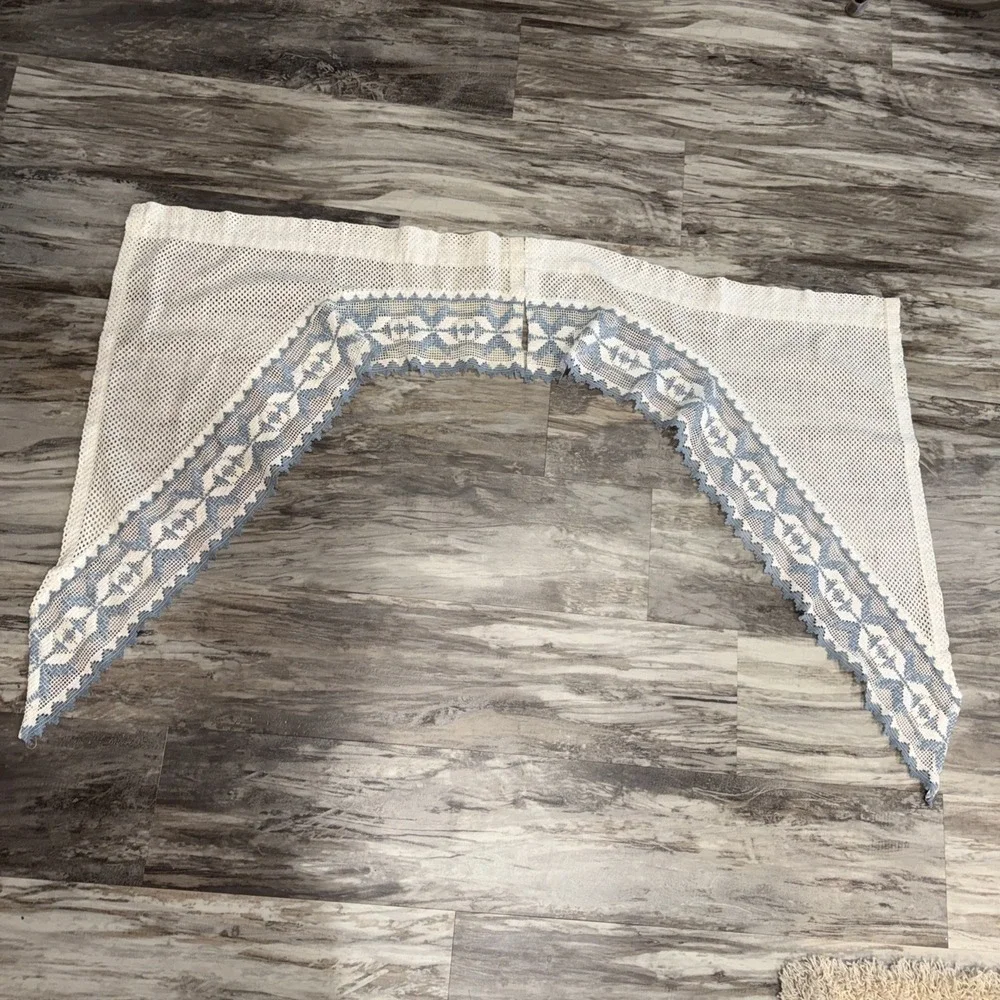 Set of 2 Vintage Curtain Curtains Blue Lace Cream Blue Cottage Crochet Lace